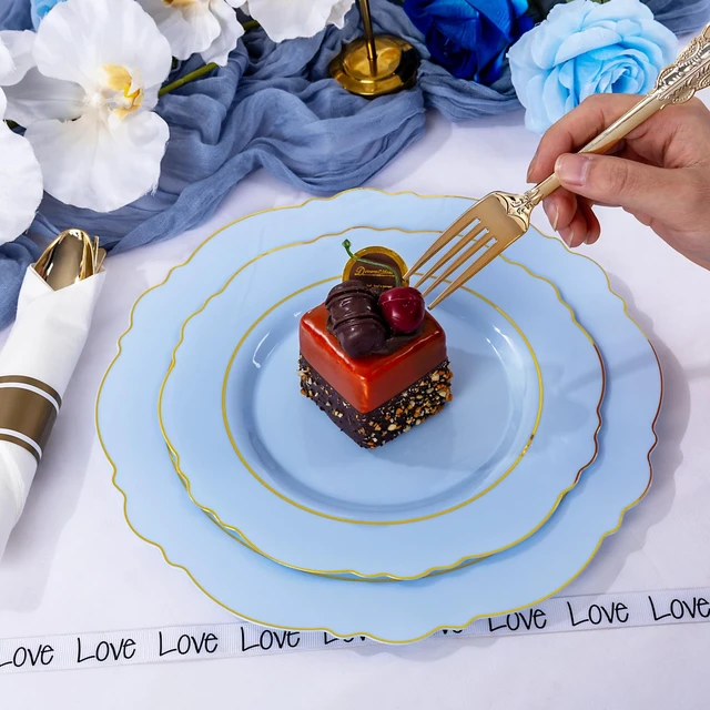 Alt view image 4 of 7 - 350PCS Blue Plastic Plates - Disposable Blue and Gold Plates 50guest Baroque Plastic Dinnerware include 100Plates, 50Pack Pre Rolled Napkins with Silverware 50Cups for Wedding&Party