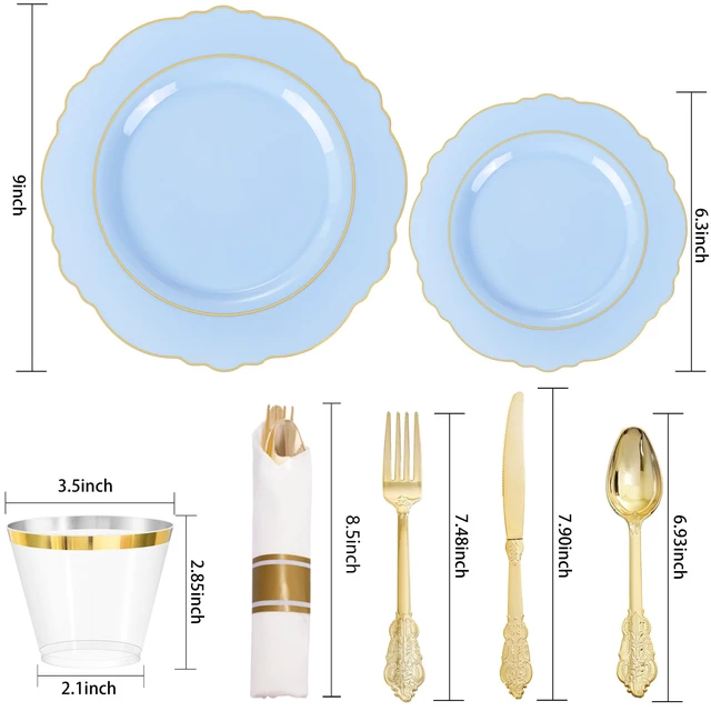 Alt view image 7 of 7 - 350PCS Blue Plastic Plates - Disposable Blue and Gold Plates 50guest Baroque Plastic Dinnerware include 100Plates, 50Pack Pre Rolled Napkins with Silverware 50Cups for Wedding&Party