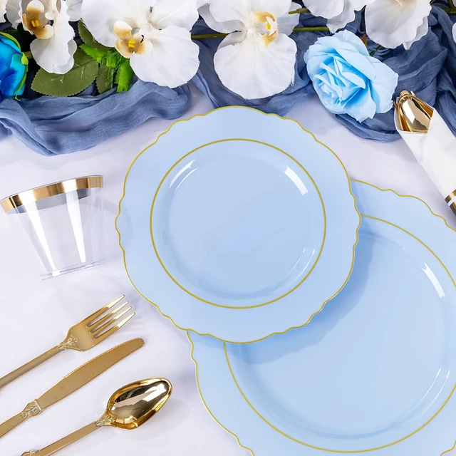 Alt view image 5 of 7 - 350PCS Blue Plastic Plates - Disposable Blue and Gold Plates 50guest Baroque Plastic Dinnerware include 100Plates, 50Pack Pre Rolled Napkins with Silverware 50Cups for Wedding&Party