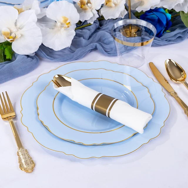 Alt view image 3 of 7 - 350PCS Blue Plastic Plates - Disposable Blue and Gold Plates 50guest Baroque Plastic Dinnerware include 100Plates, 50Pack Pre Rolled Napkins with Silverware 50Cups for Wedding&Party