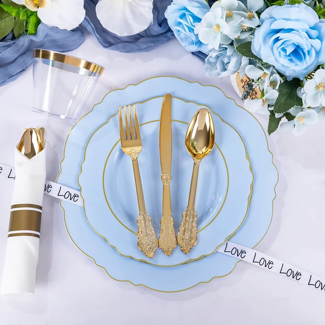Alt view image 6 of 7 - 350PCS Blue Plastic Plates - Disposable Blue and Gold Plates 50guest Baroque Plastic Dinnerware include 100Plates, 50Pack Pre Rolled Napkins with Silverware 50Cups for Wedding&Party