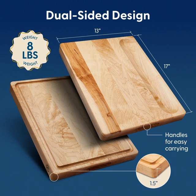 Alt view image 2 of 6 - Winsome Hard Maple Wood Cutting Board, 17x13x1.5 in | Made in USA, Non-Toxic, Edge Grain, Juice Groove & Crackerwell for Charcuterie & Meal Prep, Built-in Handles, Gift Box, 8 lbs