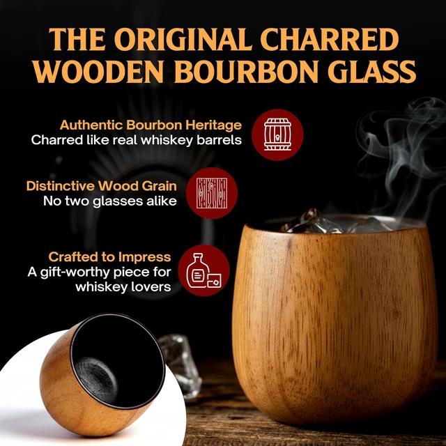 Alt view image 2 of 7 - The Original Charred Wooden Bourbon Drinking Glass Bourbon Gifts for Men | Whiskey Glasses For Dad | Great Whiskey Gifts for Men Who Have Everything | Perfect Presents For Boyfriend or Dad (2 Pack)