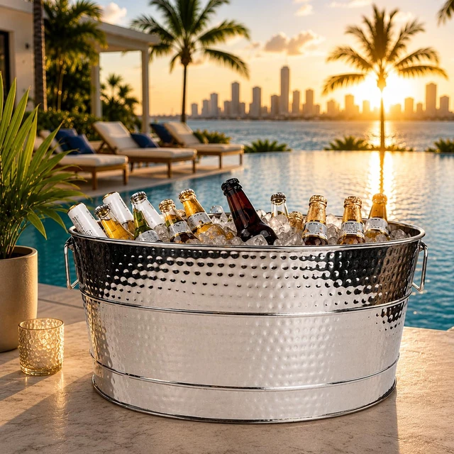 Alt view image 7 of 7 - Heavy-Duty Stainless Steel Beverage Tub for Parties, Large, Oval | Large ice bucket for parties that holds beer, wine and champagne. stainless steel drink cooler for entertaining.