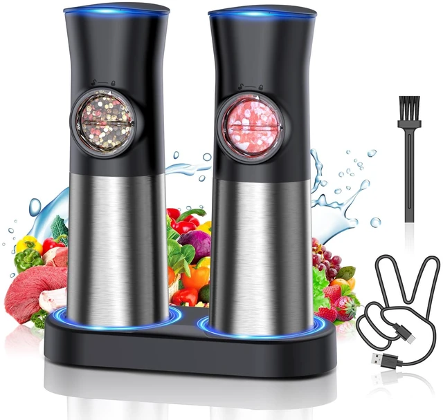 Main image of Gravity Electric Salt and Pepper Grinder Set, USB Rechargeable Automatic Salt and Pepper Grinders with Charging Base, Adjustable Coarseness, One-Handed Operation, LED Light, Stainless Steel