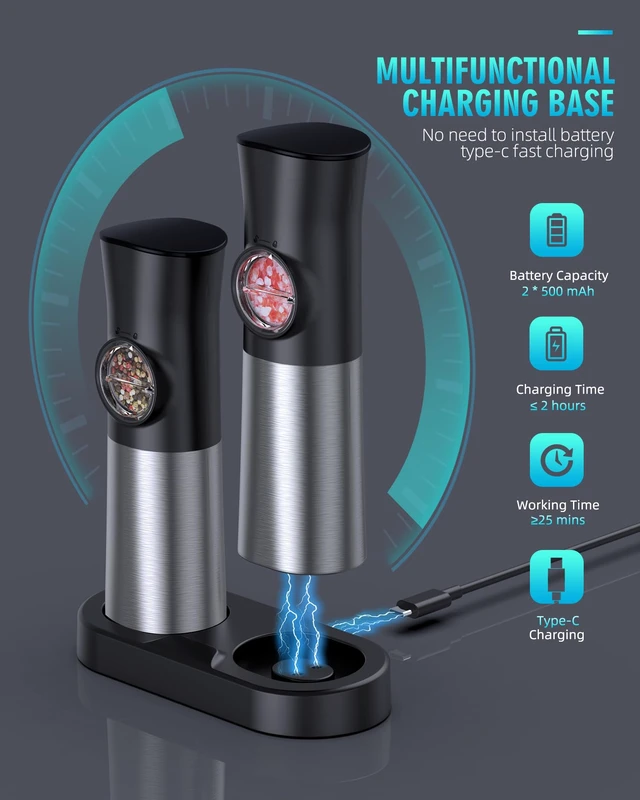 Alt view image 2 of 7 - Gravity Electric Salt and Pepper Grinder Set, USB Rechargeable Automatic Salt and Pepper Grinders with Charging Base, Adjustable Coarseness, One-Handed Operation, LED Light, Stainless Steel
