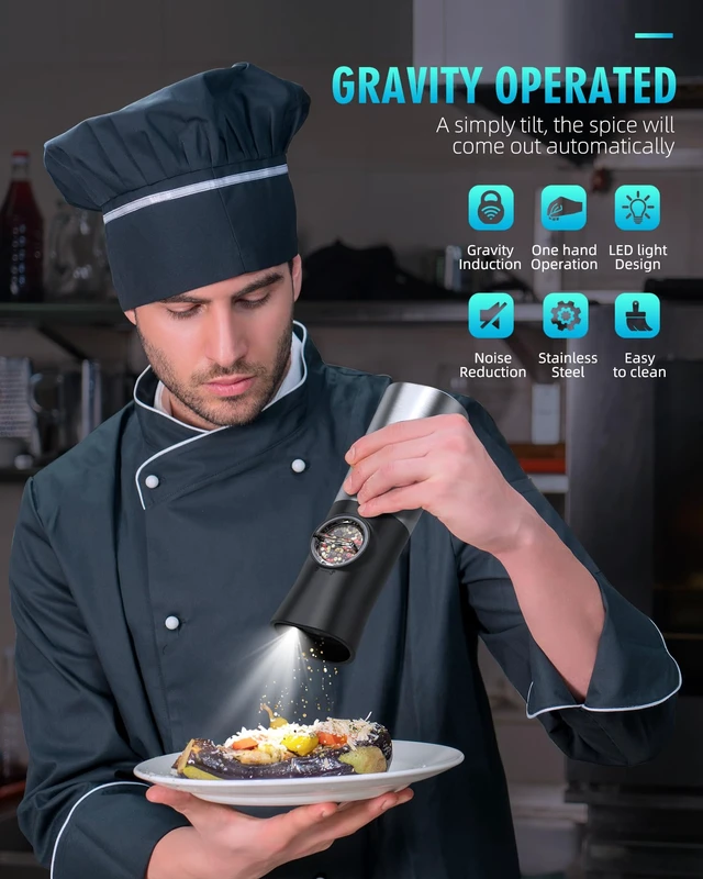 Alt view image 3 of 7 - Gravity Electric Salt and Pepper Grinder Set, USB Rechargeable Automatic Salt and Pepper Grinders with Charging Base, Adjustable Coarseness, One-Handed Operation, LED Light, Stainless Steel