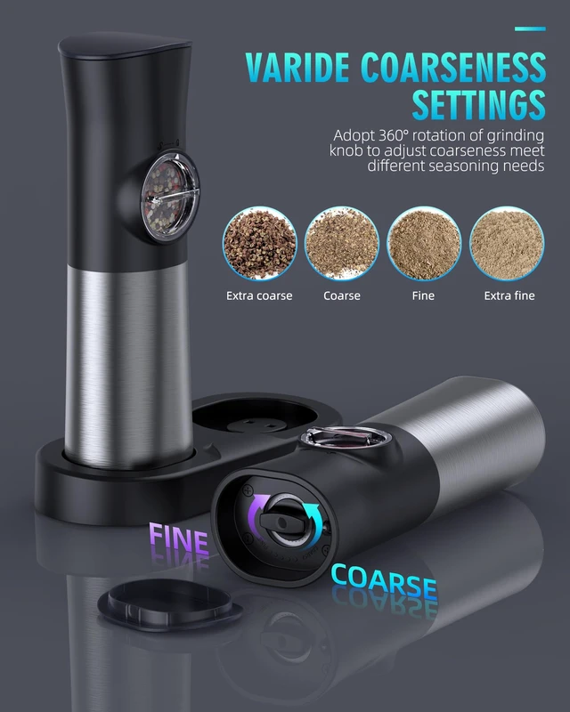 Alt view image 4 of 7 - Gravity Electric Salt and Pepper Grinder Set, USB Rechargeable Automatic Salt and Pepper Grinders with Charging Base, Adjustable Coarseness, One-Handed Operation, LED Light, Stainless Steel