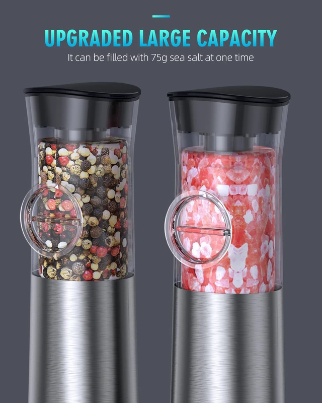 Alt view image 5 of 7 - Gravity Electric Salt and Pepper Grinder Set, USB Rechargeable Automatic Salt and Pepper Grinders with Charging Base, Adjustable Coarseness, One-Handed Operation, LED Light, Stainless Steel