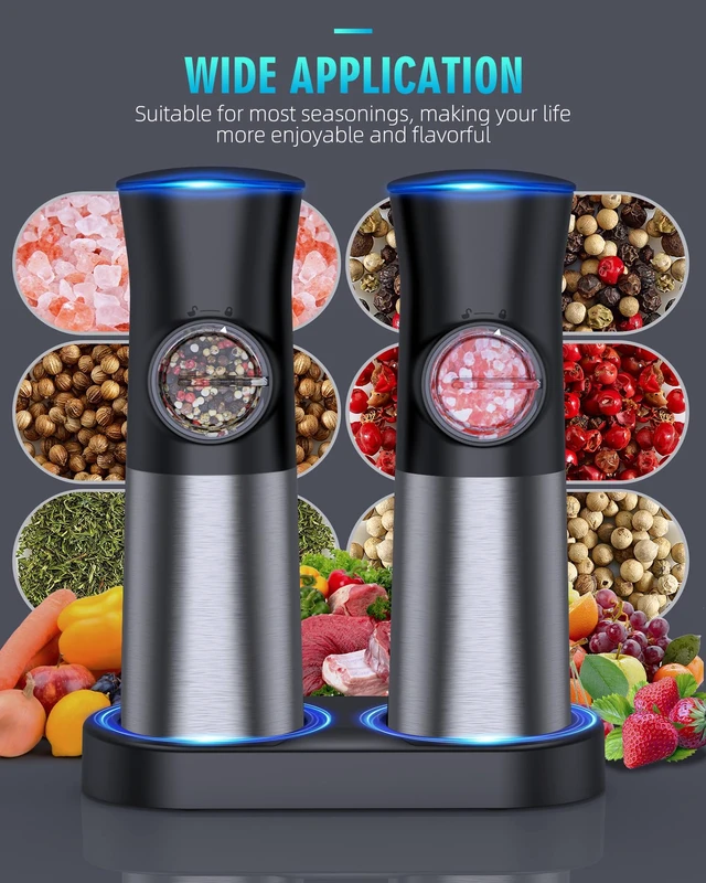 Alt view image 6 of 7 - Gravity Electric Salt and Pepper Grinder Set, USB Rechargeable Automatic Salt and Pepper Grinders with Charging Base, Adjustable Coarseness, One-Handed Operation, LED Light, Stainless Steel