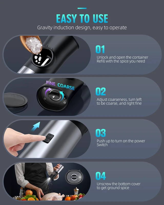 Alt view image 7 of 7 - Gravity Electric Salt and Pepper Grinder Set, USB Rechargeable Automatic Salt and Pepper Grinders with Charging Base, Adjustable Coarseness, One-Handed Operation, LED Light, Stainless Steel