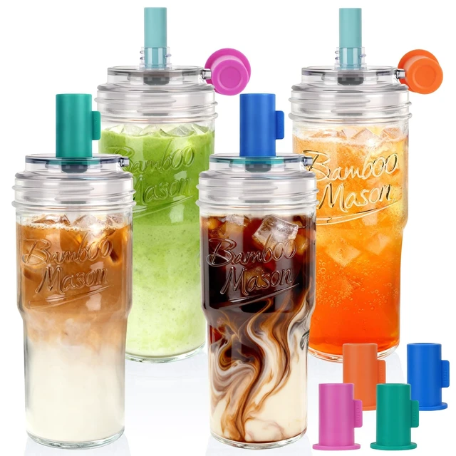 Main image of Bamboo Mason 24oz Glass Tumbler with Straw Leakproof Lid, Cap Cup Mason Jar 4 Color Caps, Self-Assembly Leak-Proof Lid Straw, Reusable Iced Coffee Cup, Mason Jar Drinking Glass Coffee Gifts