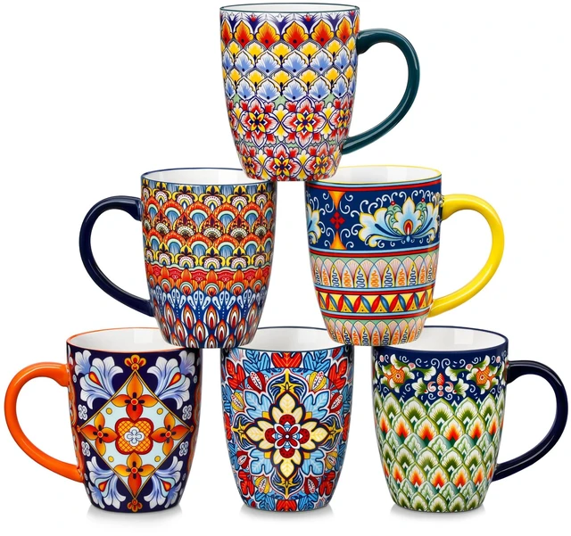 Main image of SIMI 16 oz Large Coffee Mugs Set of 6, Ceramic Cups with Handle | Bohemian Mug, Ideal for Coffee, Latte, Tea, Cappuccino and Hot Chocolate, Dishwasher Microwave Safe for Daily Use Gift Set