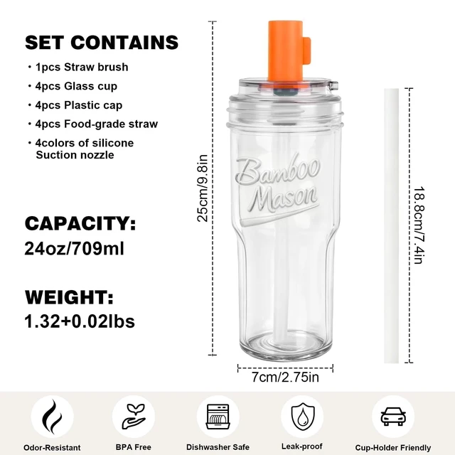 Alt view image 3 of 7 - Bamboo Mason 24oz Glass Tumbler with Straw Leakproof Lid, Cap Cup Mason Jar 4 Color Caps, Self-Assembly Leak-Proof Lid Straw, Reusable Iced Coffee Cup, Mason Jar Drinking Glass Coffee Gifts