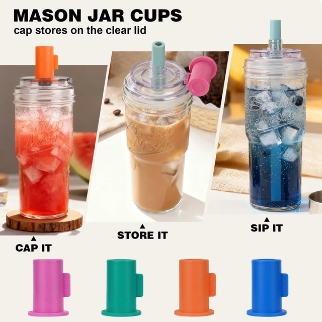 Alt view image 2 of 7 - Bamboo Mason 24oz Glass Tumbler with Straw Leakproof Lid, Cap Cup Mason Jar 4 Color Caps, Self-Assembly Leak-Proof Lid Straw, Reusable Iced Coffee Cup, Mason Jar Drinking Glass Coffee Gifts