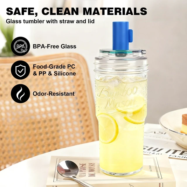 Alt view image 5 of 7 - Bamboo Mason 24oz Glass Tumbler with Straw Leakproof Lid, Cap Cup Mason Jar 4 Color Caps, Self-Assembly Leak-Proof Lid Straw, Reusable Iced Coffee Cup, Mason Jar Drinking Glass Coffee Gifts