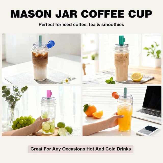 Alt view image 7 of 7 - Bamboo Mason 24oz Glass Tumbler with Straw Leakproof Lid, Cap Cup Mason Jar 4 Color Caps, Self-Assembly Leak-Proof Lid Straw, Reusable Iced Coffee Cup, Mason Jar Drinking Glass Coffee Gifts