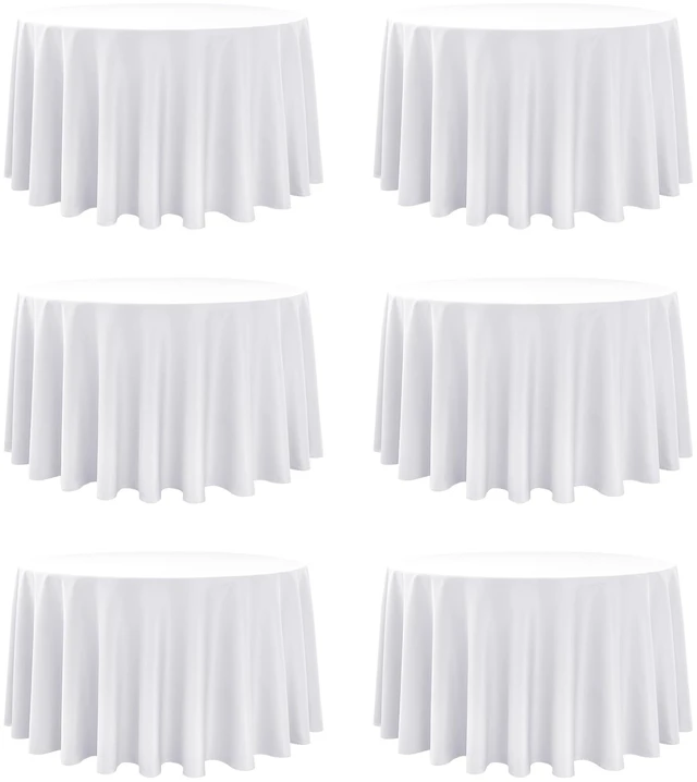 Main image of 6-Pack White Round Tablecloths, 120 in, for 5-6 Ft Round Tables | Stain-Resistant Polyester - Washable Table Covers for Weddings, Banquets, Birthday Parties, Events