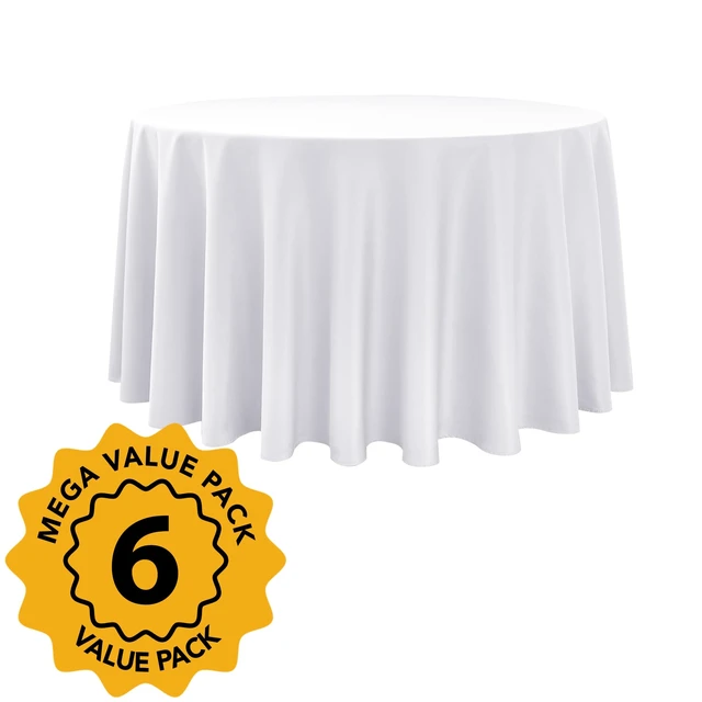 Alt view image 2 of 7 - 6-Pack White Round Tablecloths, 120 in, for 5-6 Ft Round Tables | Stain-Resistant Polyester - Washable Table Covers for Weddings, Banquets, Birthday Parties, Events