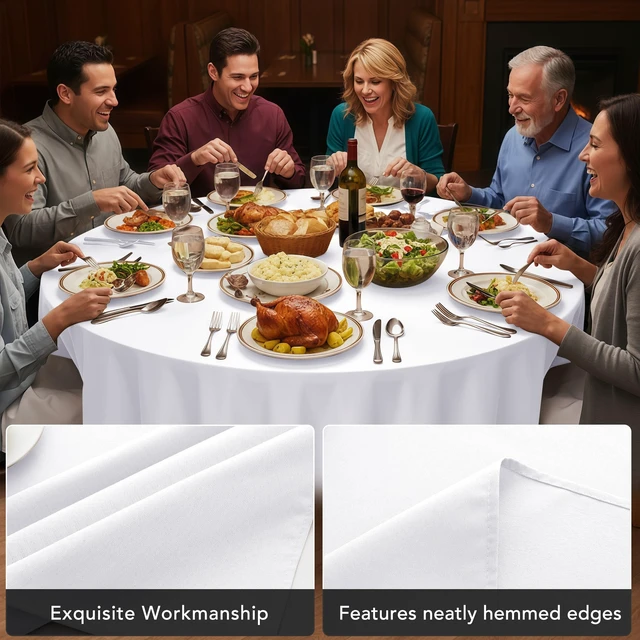 Alt view image 4 of 7 - 6-Pack White Round Tablecloths, 120 in, for 5-6 Ft Round Tables | Stain-Resistant Polyester - Washable Table Covers for Weddings, Banquets, Birthday Parties, Events