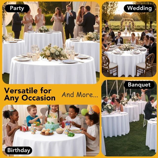 Alt view image 5 of 7 - 6-Pack White Round Tablecloths, 120 in, for 5-6 Ft Round Tables | Stain-Resistant Polyester - Washable Table Covers for Weddings, Banquets, Birthday Parties, Events
