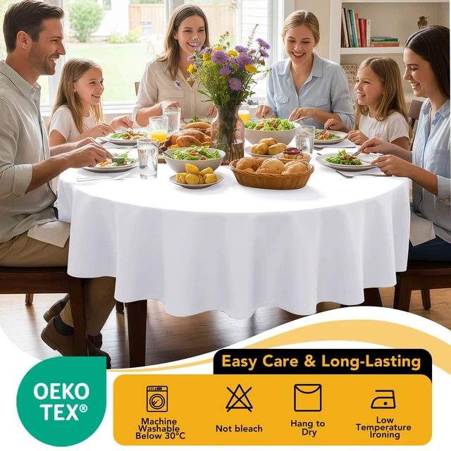 Alt view image 7 of 7 - 6-Pack White Round Tablecloths, 120 in, for 5-6 Ft Round Tables | Stain-Resistant Polyester - Washable Table Covers for Weddings, Banquets, Birthday Parties, Events