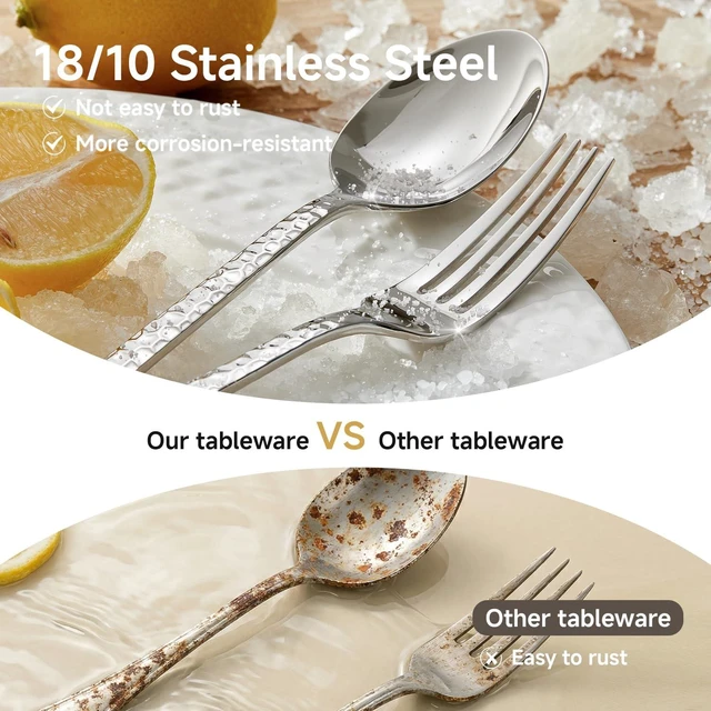 Alt view image 3 of 7 - 40 Piece Hammered Silverware Set, 18/10 Stainless Steel Flatware Set for 8 | Mirror Polished Knives Forks Spoons Utensils, Cutlery Set for Home, Party, Wedding, Housewarming, Dishwasher Safe
