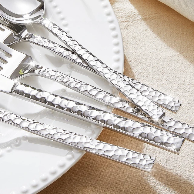 Alt view image 4 of 7 - 40 Piece Hammered Silverware Set, 18/10 Stainless Steel Flatware Set for 8 | Mirror Polished Knives Forks Spoons Utensils, Cutlery Set for Home, Party, Wedding, Housewarming, Dishwasher Safe