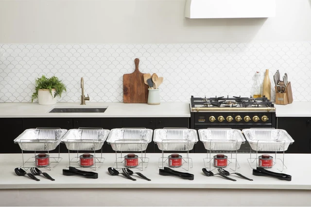 Alt view image 6 of 6 - 12-Pack Disposable Chafing Dish Buffet Set with Fuel Cans | Welded construction, half-size pans, and warming trays for parties