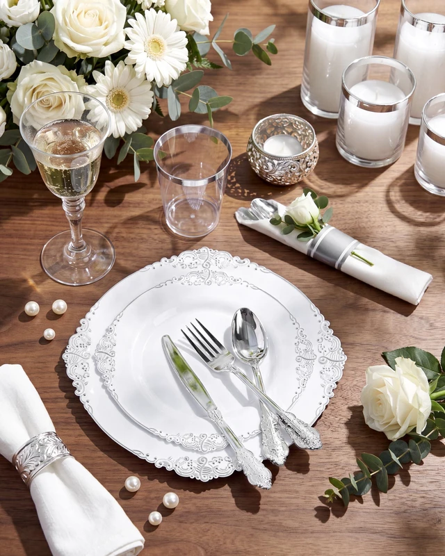 Alt view image 2 of 7 - 350Pcs Silver Plastic Plates, Plastic Dinnerware Set for 50 Guests | 50 7.5" Dessert & 50 10.25"Dinner Plastic Plates, 150 Silverware, 50 10oz Cups, 50 Napkins for Wedding & Party, BPA-free