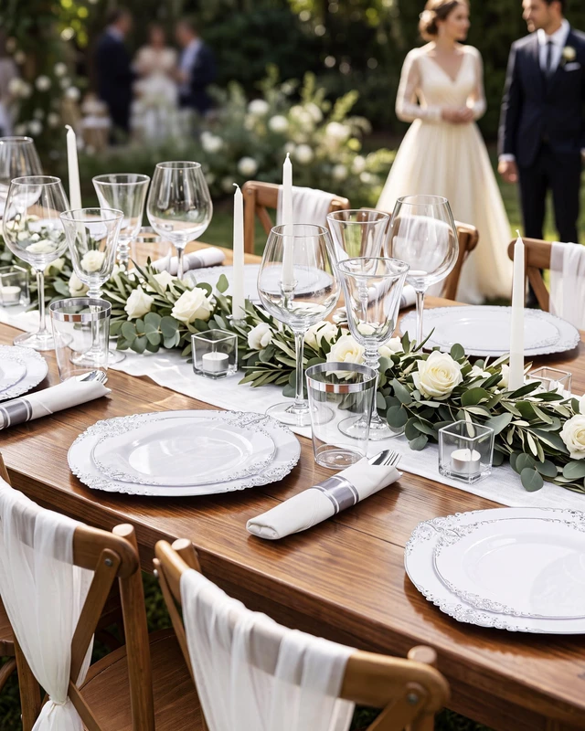 Alt view image 5 of 7 - 350Pcs Silver Plastic Plates, Plastic Dinnerware Set for 50 Guests | 50 7.5" Dessert & 50 10.25"Dinner Plastic Plates, 150 Silverware, 50 10oz Cups, 50 Napkins for Wedding & Party, BPA-free