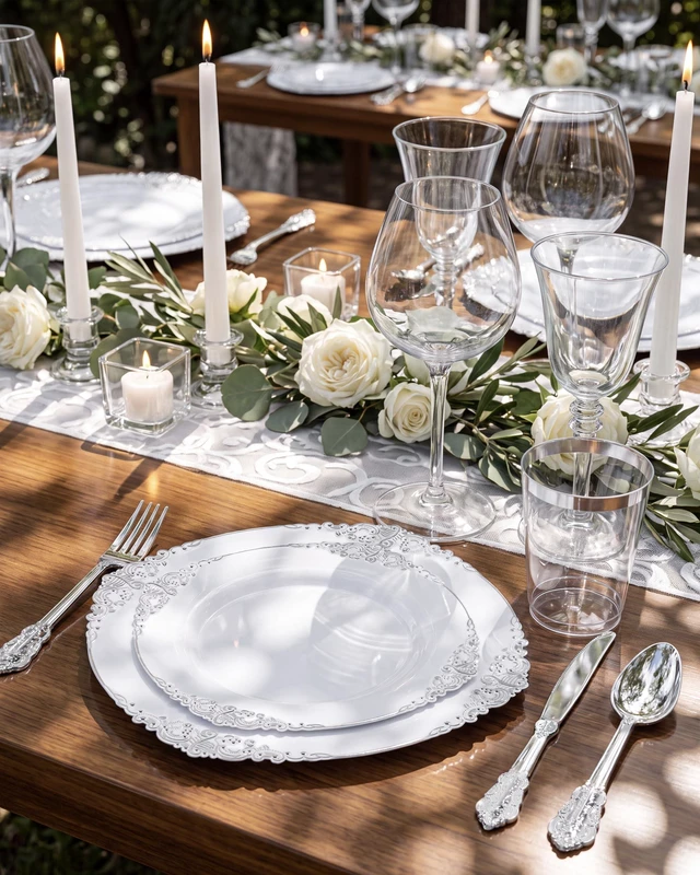 Alt view image 6 of 7 - 350Pcs Silver Plastic Plates, Plastic Dinnerware Set for 50 Guests | 50 7.5" Dessert & 50 10.25"Dinner Plastic Plates, 150 Silverware, 50 10oz Cups, 50 Napkins for Wedding & Party, BPA-free