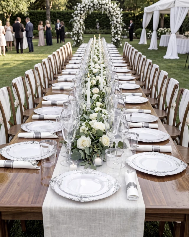 Alt view image 7 of 7 - 350Pcs Silver Plastic Plates, Plastic Dinnerware Set for 50 Guests | 50 7.5" Dessert & 50 10.25"Dinner Plastic Plates, 150 Silverware, 50 10oz Cups, 50 Napkins for Wedding & Party, BPA-free