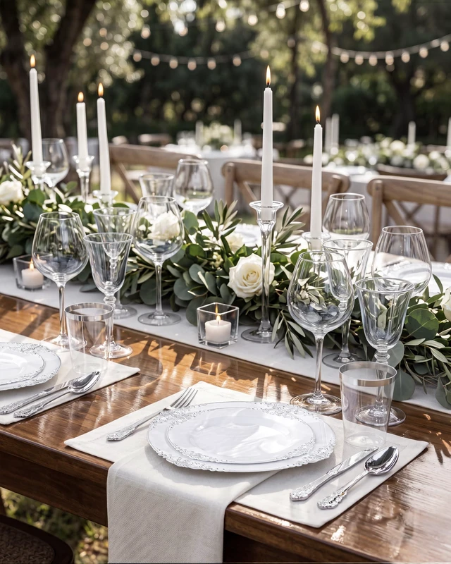 Alt view image 4 of 7 - 350Pcs Silver Plastic Plates, Plastic Dinnerware Set for 50 Guests | 50 7.5" Dessert & 50 10.25"Dinner Plastic Plates, 150 Silverware, 50 10oz Cups, 50 Napkins for Wedding & Party, BPA-free