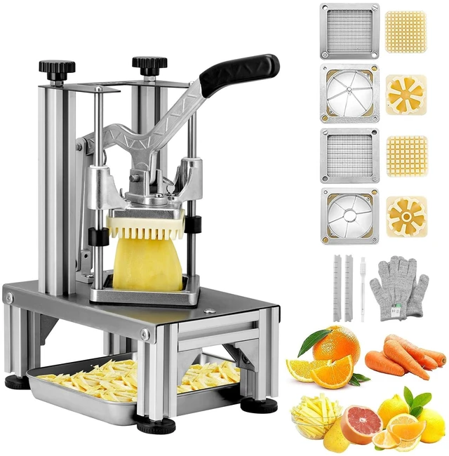 Main image of Commercial French Fry Cutter with 4 Replacement Blades, 1/4" and 3/8" Blade Easy Dicer Chopper, 6-wedge Slicer and 6-wedge Apple Corer, Lemon Potato Cutter for French Fries with Extended Handle