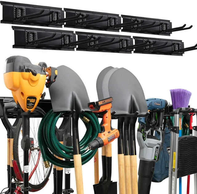 Main image of Garage Tool Organizer Wall Mount, 96", 6 Racks 12 Hooks, 600 lbs | 600 lbs, anti-rust carbon steel, garden tool organizer & storage rack for garage organization, shovels, rakes & tools