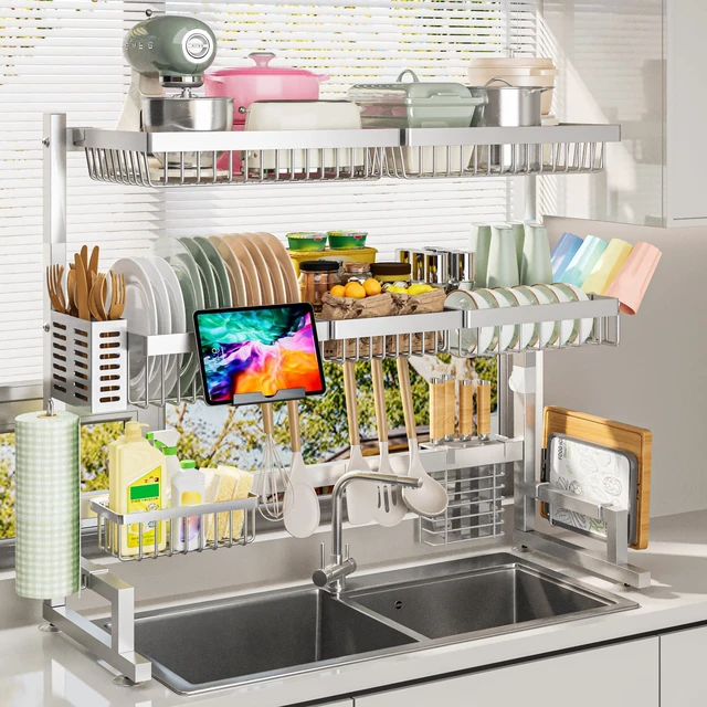Main image of Luxurious 304 Stainless Steel Over Sink Dish Drying Rack (Suitable for Sink Length 26.3"- 37.4") Snap-On Design 2 Tier Large Kitchen Dish Rack Stainless Steel Counter Organization and Storage