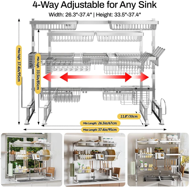 Alt view image 2 of 6 - Luxurious 304 Stainless Steel Over Sink Dish Drying Rack (Suitable for Sink Length 26.3"- 37.4") Snap-On Design 2 Tier Large Kitchen Dish Rack Stainless Steel Counter Organization and Storage