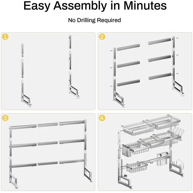 Alt view image 4 of 6 - Luxurious 304 Stainless Steel Over Sink Dish Drying Rack (Suitable for Sink Length 26.3"- 37.4") Snap-On Design 2 Tier Large Kitchen Dish Rack Stainless Steel Counter Organization and Storage