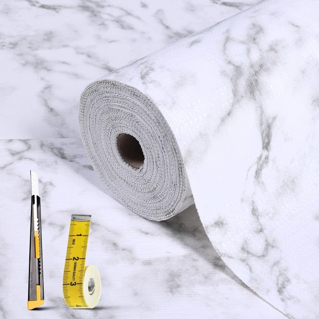 Main image of Drawer and Shelf Liner for Kitchen Cabinet: 23.6 in X 30 Ft Non Slip Waterproof Shelf Paper Non Adhesive Refrigerator Liners White Marble Easy Liners for Bathroom with Knife Tape Measure