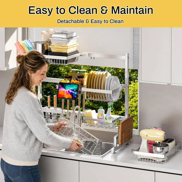 Alt view image 6 of 6 - Luxurious 304 Stainless Steel Over Sink Dish Drying Rack (Suitable for Sink Length 26.3"- 37.4") Snap-On Design 2 Tier Large Kitchen Dish Rack Stainless Steel Counter Organization and Storage