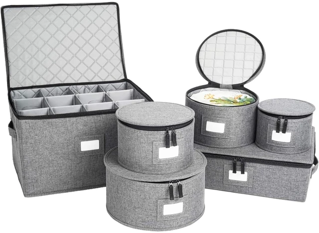 Main image of 6-Piece China Storage Set | Plates, Mugs & Wine Glasses | Gray | Most Complete Set - Plates, Mugs & Wine Glasses For 12. Hard Shell, Felt-Lined, Stackable. Full China System In One.