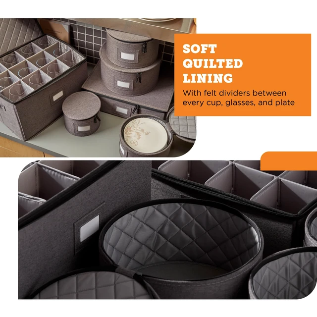 Alt view image 5 of 7 - 6-Piece China Storage Set | Plates, Mugs & Wine Glasses | Gray | Most Complete Set - Plates, Mugs & Wine Glasses For 12. Hard Shell, Felt-Lined, Stackable. Full China System In One.