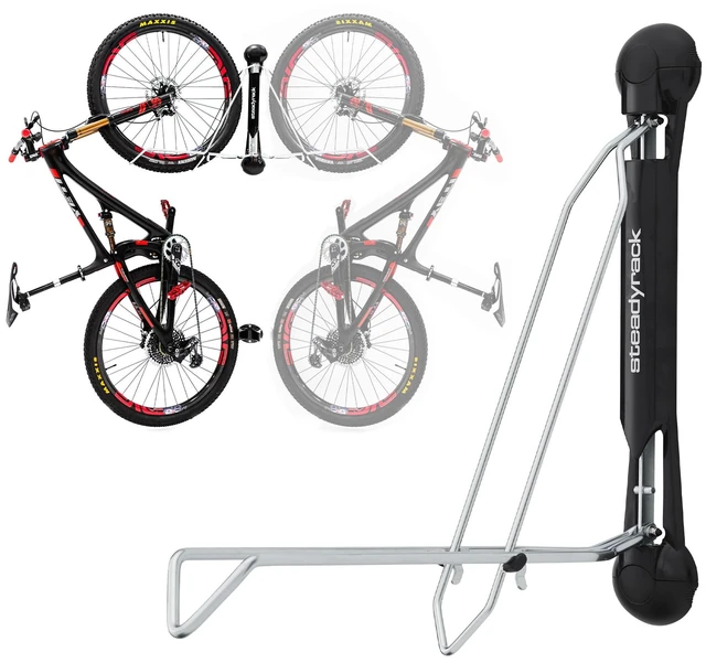 Main image of Swivel Bike Wall Mount, Vertical Mountain Bike Rack, Garage | Fits 24 to 29 in wheels and 2.1 to 2.8 in tires. Roll-in, no lift, holds mountain and gravel bikes to 77 lb.