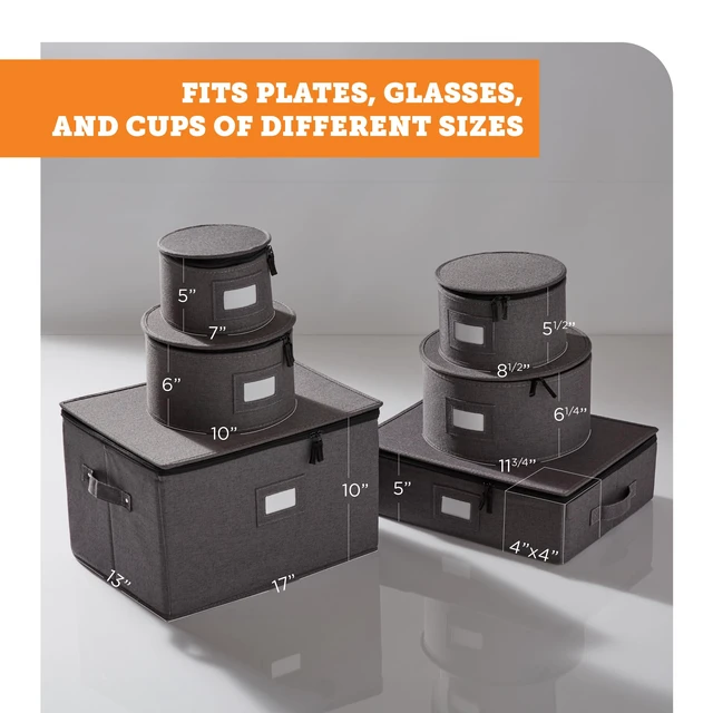 Alt view image 7 of 7 - 6-Piece China Storage Set | Plates, Mugs & Wine Glasses | Gray | Most Complete Set - Plates, Mugs & Wine Glasses For 12. Hard Shell, Felt-Lined, Stackable. Full China System In One.