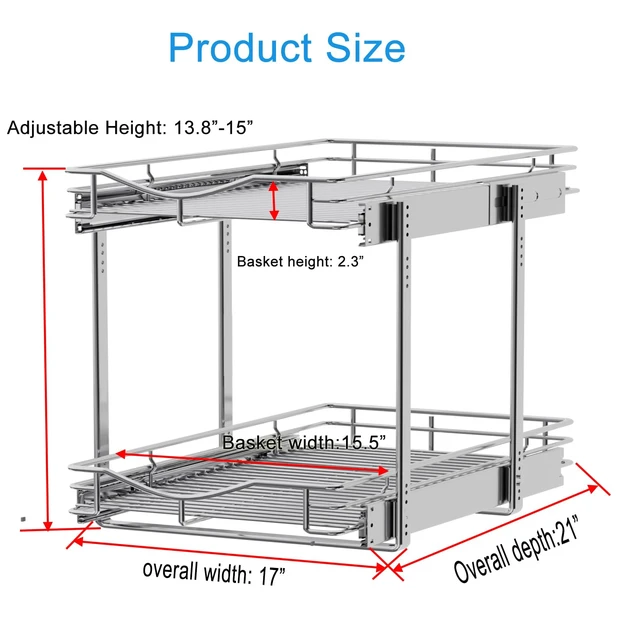 Alt view image 3 of 7 - 2 Tier Pull Out Cabinet Organizer (17" W X 21" D), Double Tier Wire Basket Slide Out Shelf Storage for Kitchen Base Cabinet, Chrome Finish