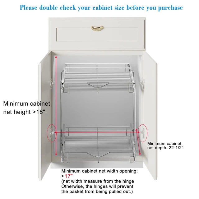 Alt view image 4 of 7 - 2 Tier Pull Out Cabinet Organizer (17" W X 21" D), Double Tier Wire Basket Slide Out Shelf Storage for Kitchen Base Cabinet, Chrome Finish