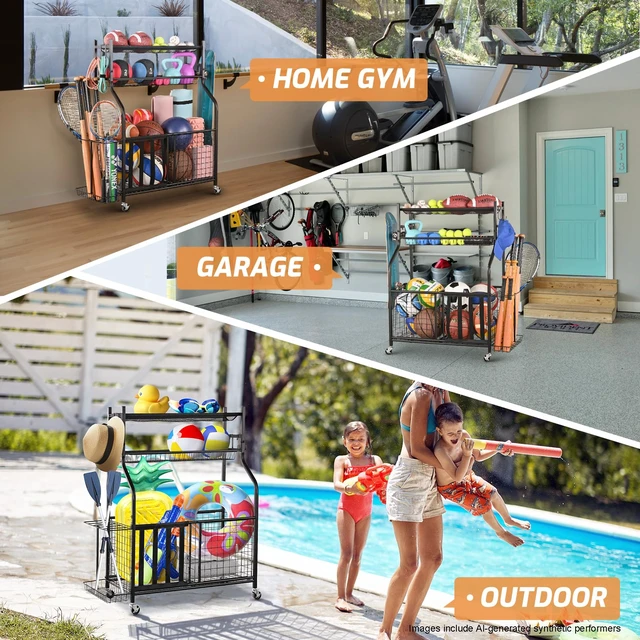 Alt view image 3 of 6 - Sports Equipment Storage for Garage, Ball Storage Organizer | Large-capacity sports organizer with easy-access elastic front for balls, bats, helmets, toys and everyday garage gear.