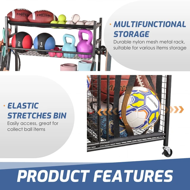 Alt view image 5 of 6 - Sports Equipment Storage for Garage, Ball Storage Organizer | Large-capacity sports organizer with easy-access elastic front for balls, bats, helmets, toys and everyday garage gear.