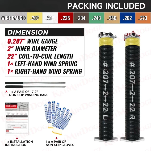 Alt view image 2 of 6 - Pair of 2" Garage Door Torsion Springs Set with Non-Slip Winding Bar & Gloves,High Precision Electrophoresis Black Coated, for Replacement & Installation, MIN 16,000 Cycles (0.207x2''x22'')